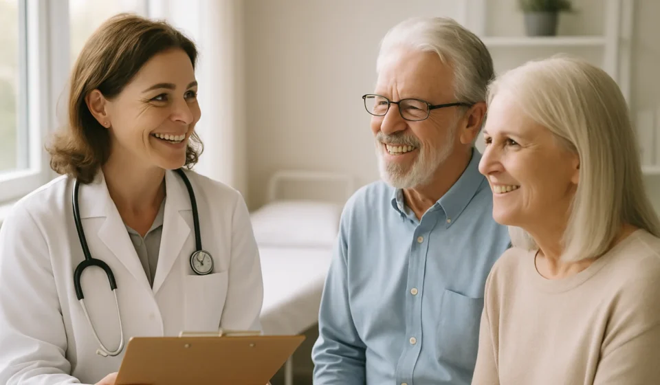 Senior patient discussing health plan with doctor during Medicare Annual Wellness Visit