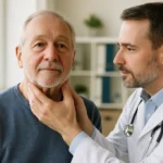 Doctor examining senior man's thyroid during a hyperthyroidism checkup