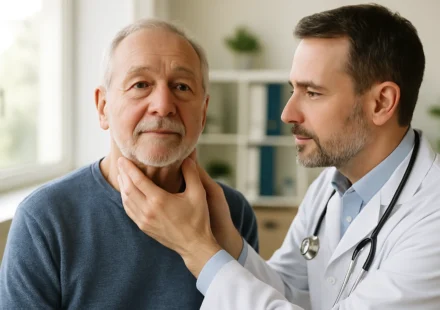 Doctor examining senior man's thyroid during a hyperthyroidism checkup