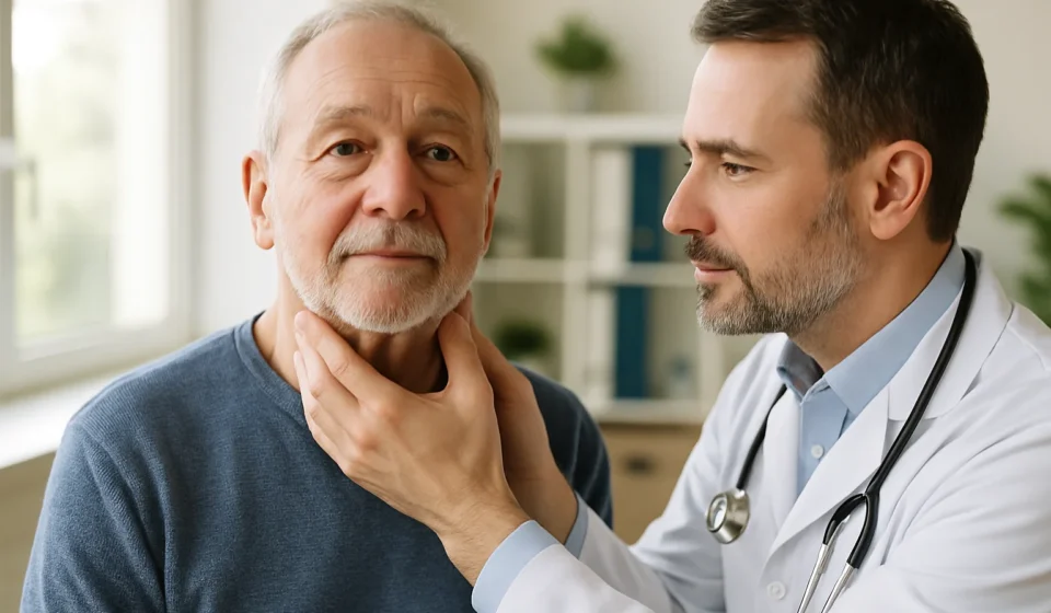 Hyperthyroidism in Seniors 2026: Signs & A-Fib Risk Doctor examining senior man's thyroid during a hyperthyroidism checkup