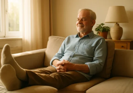 Older adult resting legs elevated to ease varicose veins and leg swelling