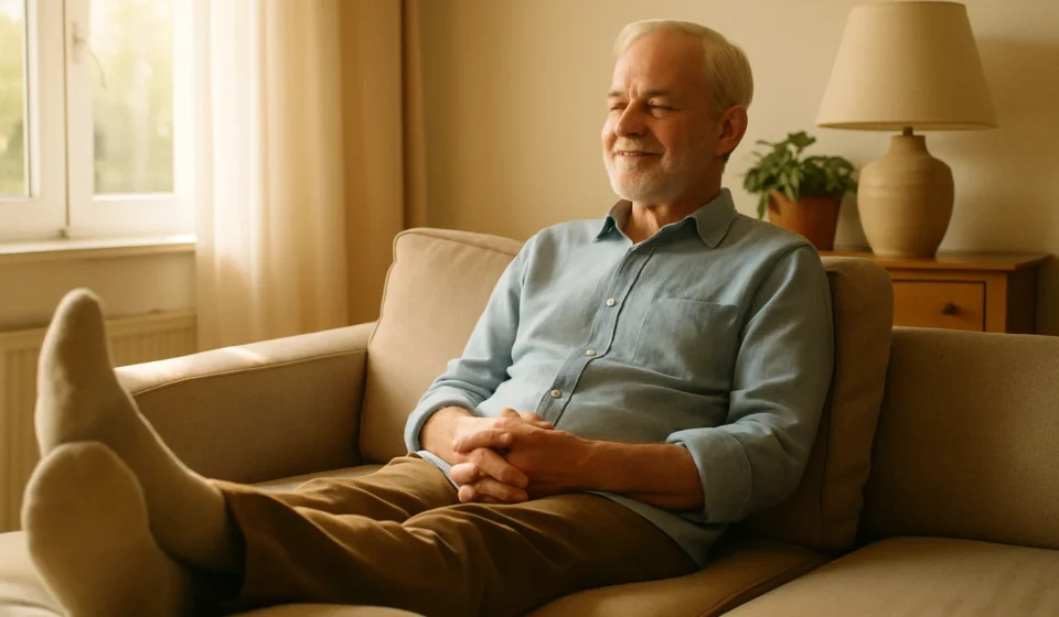 Varicose Veins in Seniors 2026: Causes & Treatment Older adult resting legs elevated to ease varicose veins and leg swelling
