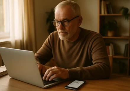 Senior man setting up his my Social Security account online on a laptop at home