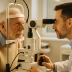 Senior man receiving a glaucoma eye examination at an ophthalmology clinic
