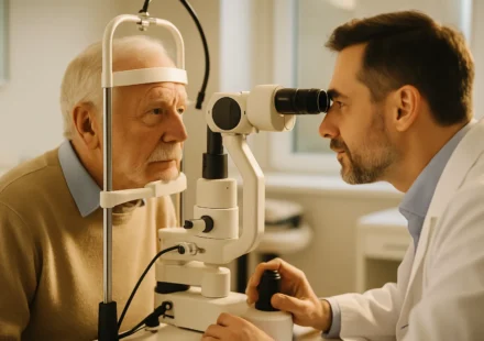 Senior man receiving a glaucoma eye examination at an ophthalmology clinic