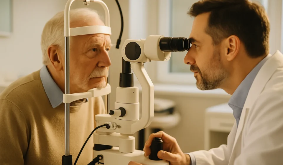 Glaucoma in Seniors 2026: Signs, Treatment & Medicare Senior man receiving a glaucoma eye examination at an ophthalmology clinic