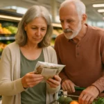 Senior couple reading nutrition labels while grocery shopping to choose healthier foods