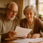 Senior couple reviewing housing assistance paperwork at their kitchen table