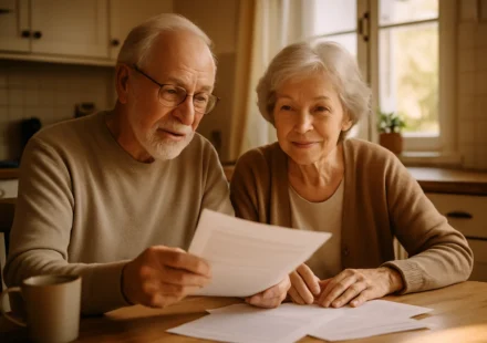 Senior couple reviewing housing assistance paperwork at their kitchen table