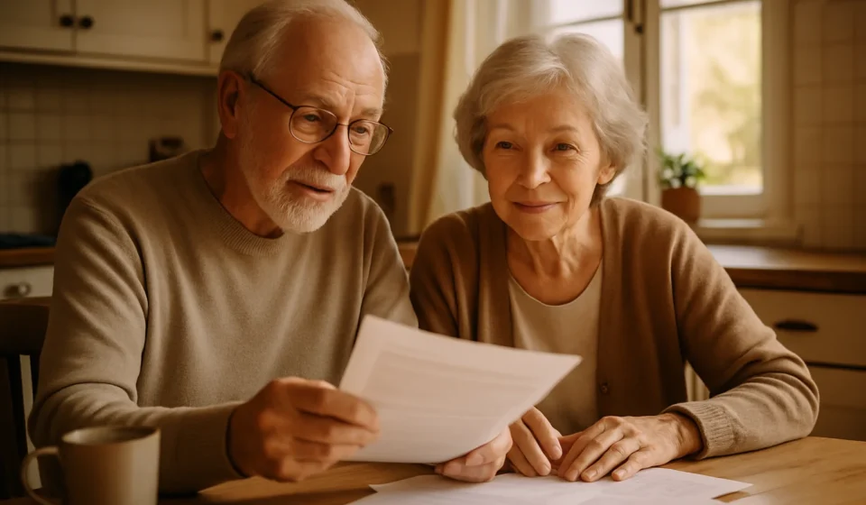 Senior couple reviewing housing assistance paperwork at their kitchen table
