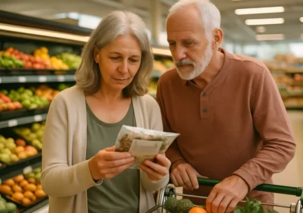 Senior couple reading nutrition labels while grocery shopping to choose healthier foods