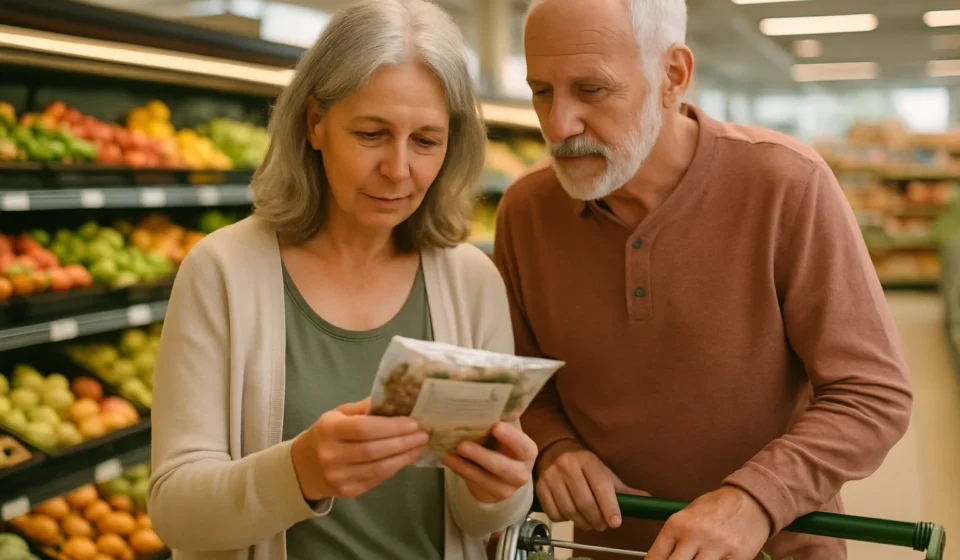 8 Foods Seniors Should Avoid in 2026 (Doctor Reviewed) Senior couple reading nutrition labels while grocery shopping to choose healthier foods
