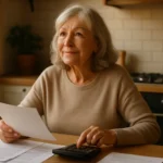 Senior woman reviewing Social Security paperwork and finances at her kitchen table