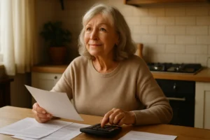 Senior woman reviewing Social Security paperwork and finances at her kitchen table