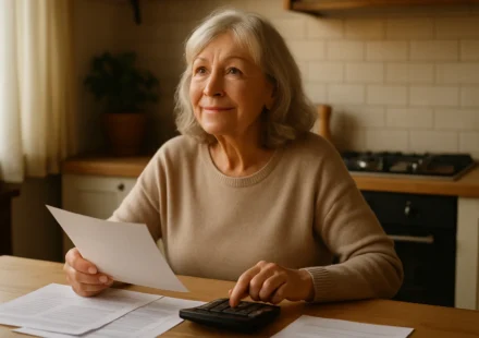 Senior woman reviewing Social Security paperwork and finances at her kitchen table