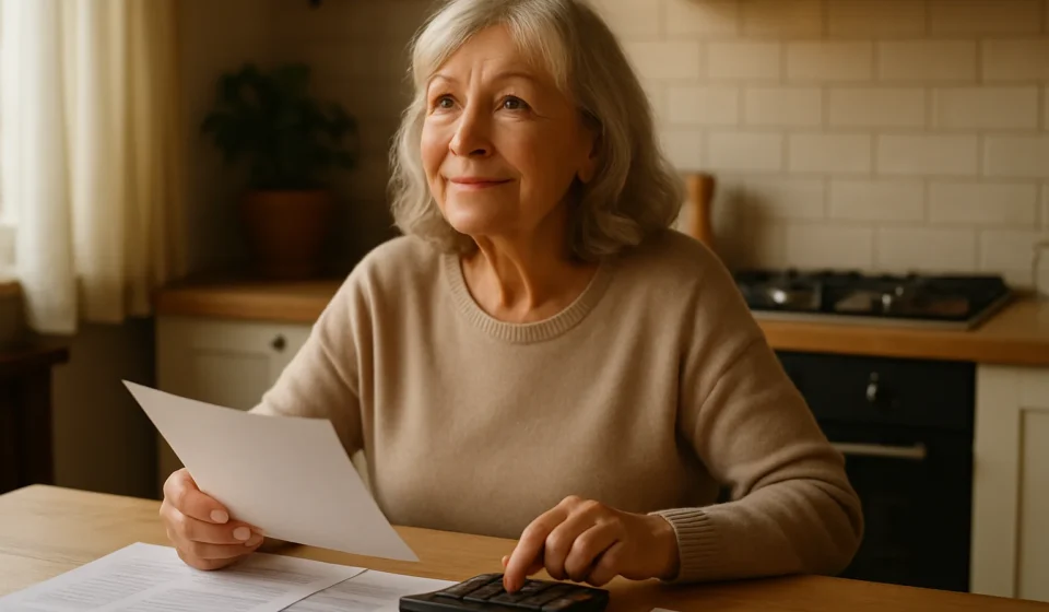 Senior woman reviewing Social Security paperwork and finances at her kitchen table