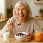 Senior woman eating probiotic yogurt with berries for gut health