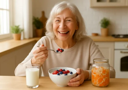Senior woman eating probiotic yogurt with berries for gut health