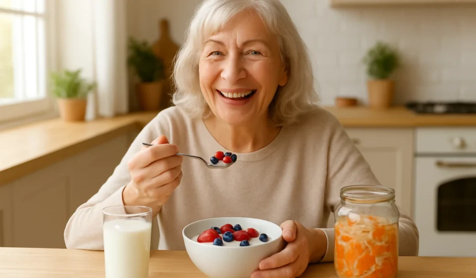 Senior woman eating probiotic yogurt with berries for gut health