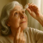 Senior woman applying lubricating eye drops to relieve dry eye syndrome at home