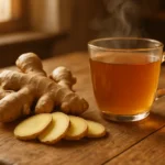 Fresh ginger root and a cup of ginger tea on a wooden kitchen table
