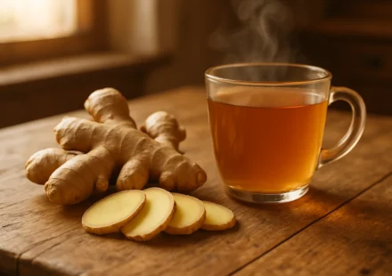 Fresh ginger root and a cup of ginger tea on a wooden kitchen table