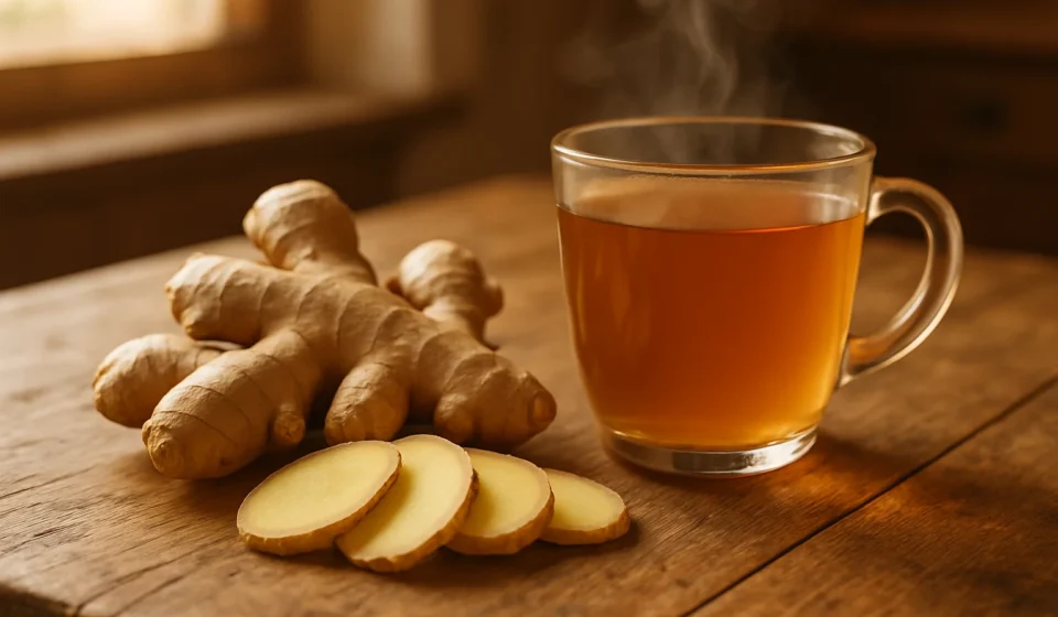 Ginger for Seniors 2026: Benefits, Dose & Cautions Fresh ginger root and a cup of ginger tea on a wooden kitchen table