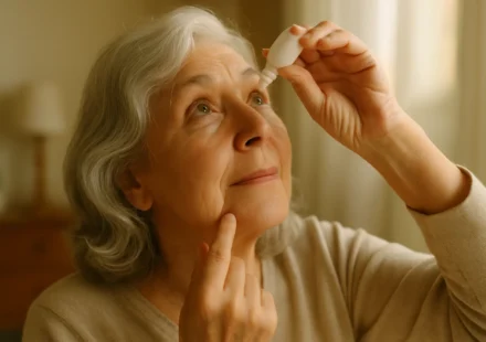 Senior woman applying lubricating eye drops to relieve dry eye syndrome at home
