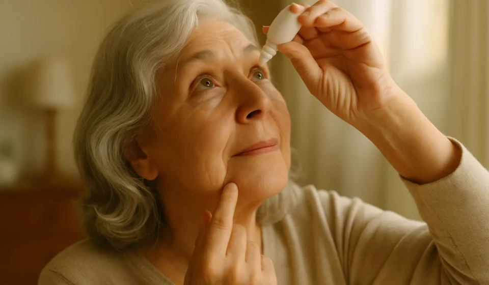 Senior woman applying lubricating eye drops to relieve dry eye syndrome at home
