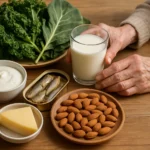 Calcium-rich foods including milk, yogurt, sardines, leafy greens and almonds on a table