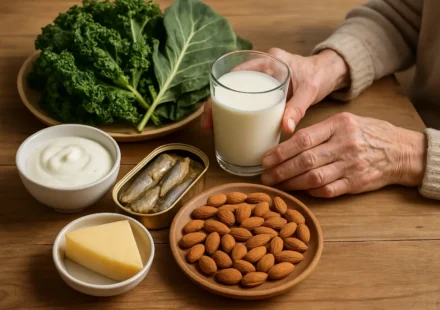Calcium-rich foods including milk, yogurt, sardines, leafy greens and almonds on a table