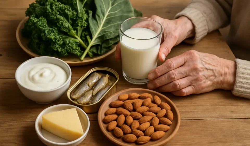 Calcium-rich foods including milk, yogurt, sardines, leafy greens and almonds on a table
