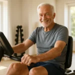 Senior man exercising on a recumbent stationary bike for knee-friendly cardio