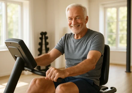 Senior man exercising on a recumbent stationary bike for knee-friendly cardio