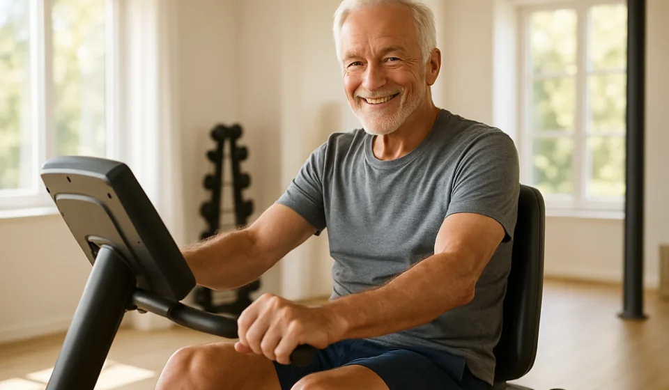Senior man exercising on a recumbent stationary bike for knee-friendly cardio