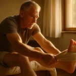 Senior man stretching his foot and calf to relieve plantar fasciitis heel pain at home