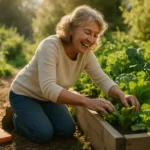 Senior woman gardening in raised beds enjoying outdoor exercise