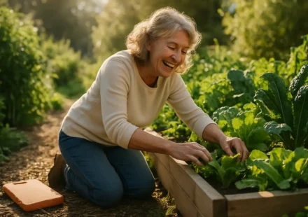 Senior woman gardening in raised beds enjoying outdoor exercise