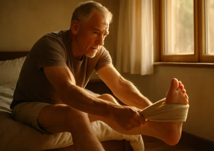 Senior man stretching his foot and calf to relieve plantar fasciitis heel pain at home