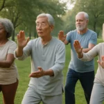 Group of seniors practicing Tai Chi outdoors in a park for balance and fall prevention