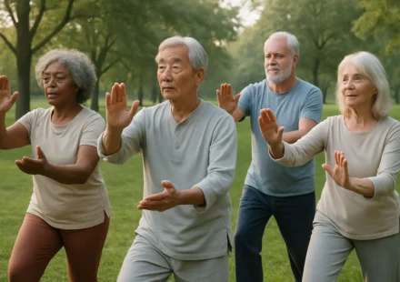Group of seniors practicing Tai Chi outdoors in a park for balance and fall prevention