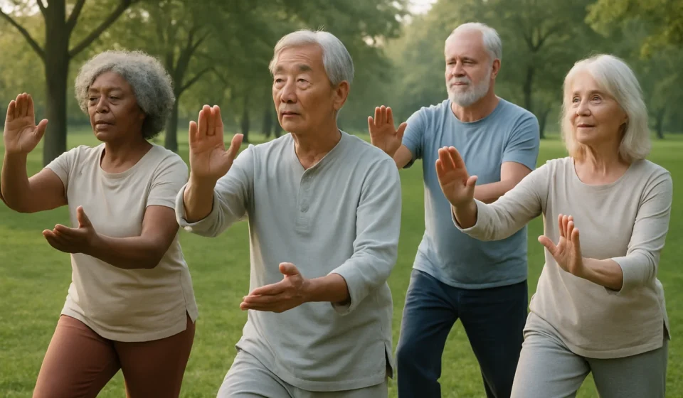 Group of seniors practicing Tai Chi outdoors in a park for balance and fall prevention