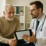 Senior man discussing prostate cancer screening PSA test results with his doctor