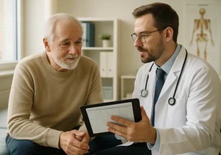 Senior man discussing prostate cancer screening PSA test results with his doctor