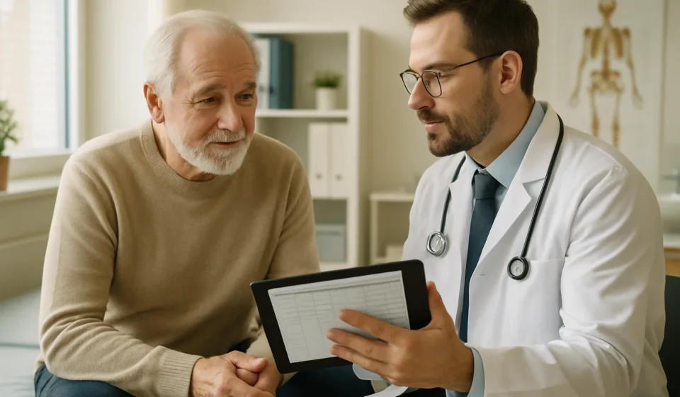 Senior man discussing prostate cancer screening PSA test results with his doctor