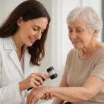 Dermatologist examining senior patient skin for psoriasis treatment 2026