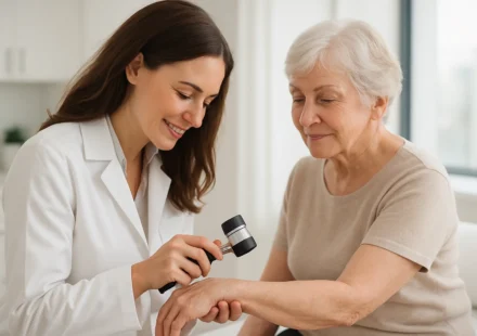 Dermatologist examining senior patient skin for psoriasis treatment 2026