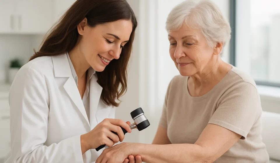 Dermatologist examining senior patient skin for psoriasis treatment 2026