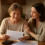 Senior reviewing Medicare savings program paperwork at a kitchen table