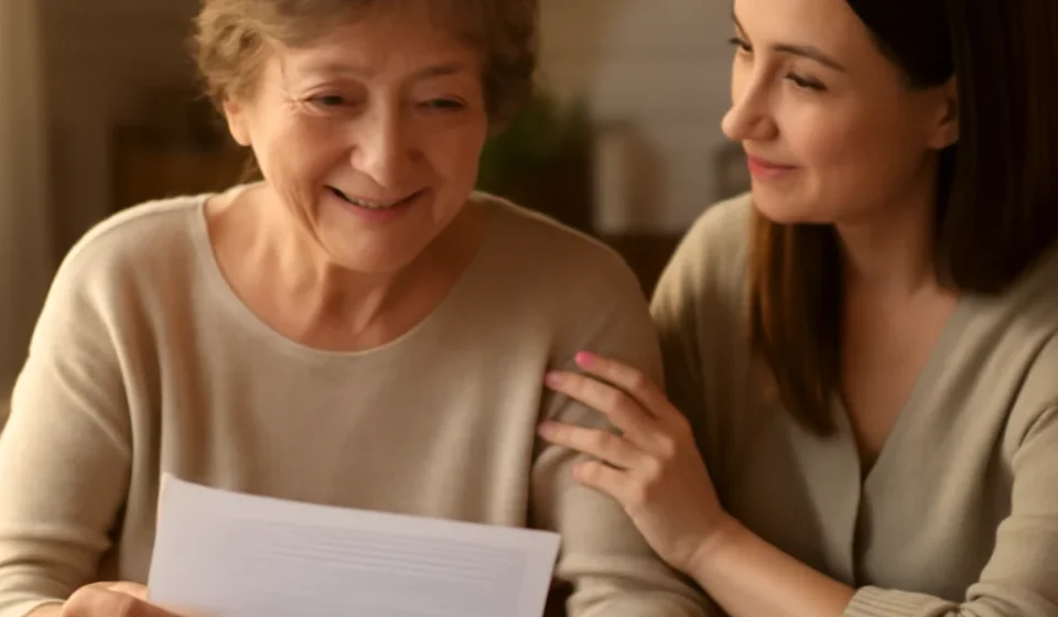 Senior reviewing Medicare savings program paperwork at a kitchen table